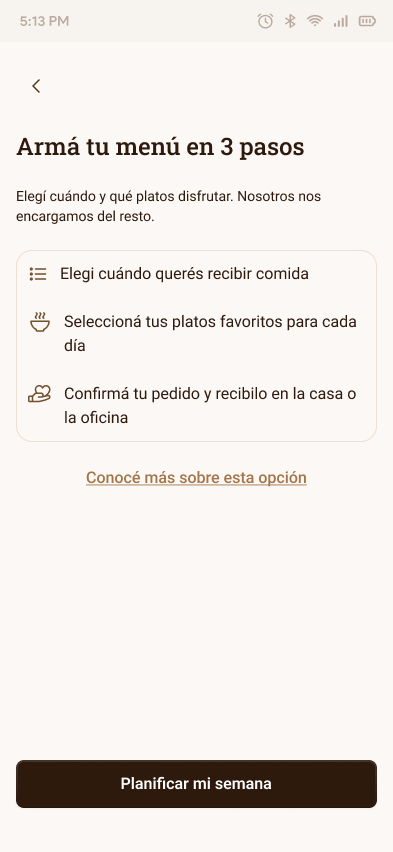 El Molinillo weekly menu onboarding screen explaining the 3-step planning process