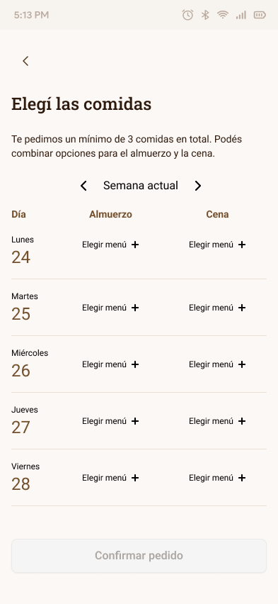 El Molinillo weekly meal planner showing days and meal slots to fill