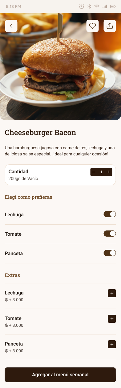 El Molinillo cheeseburger detail screen with toppings and extras to customize