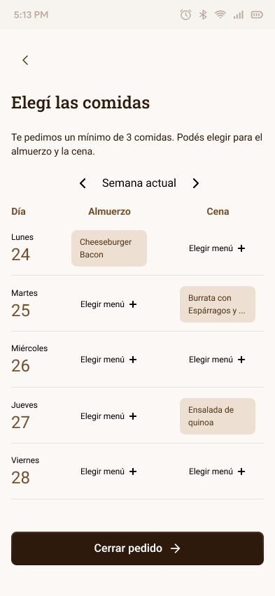 El Molinillo weekly meal planner with selected meals ready to confirm