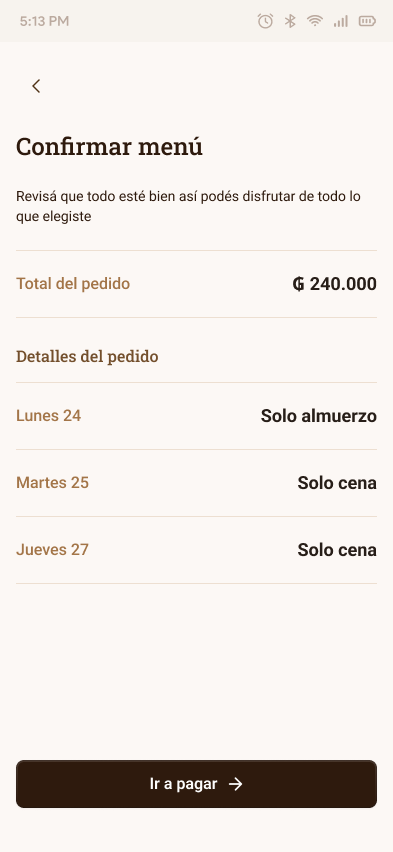 El Molinillo order confirmation screen showing weekly meal summary and total