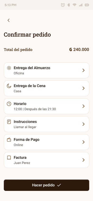 El Molinillo checkout screen with delivery details, schedule, and payment method