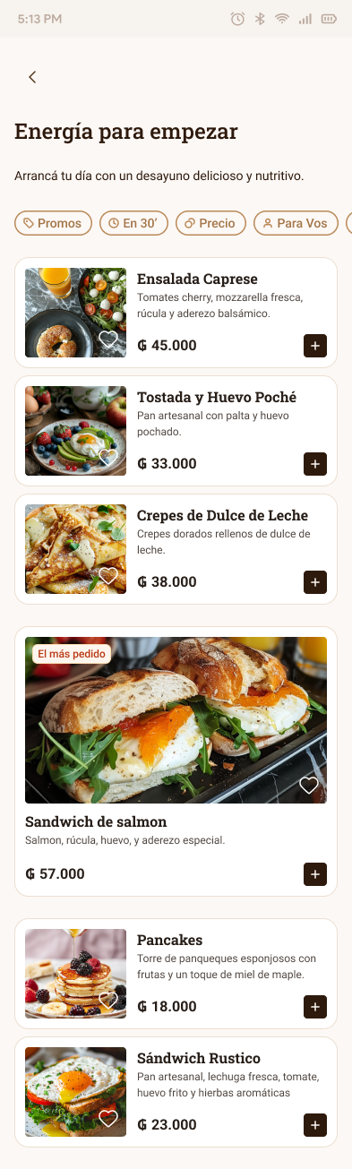 El Molinillo breakfast detail screen listing all available morning options