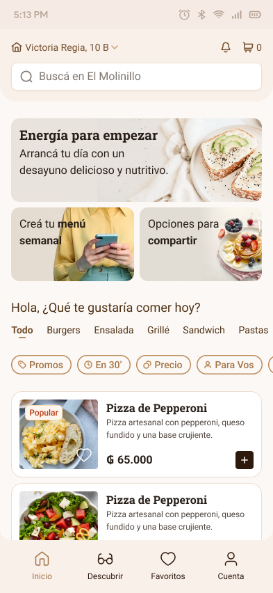 El Molinillo home screen with the time-aware breakfast banner surfacing morning menu items