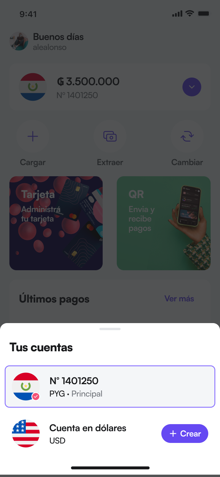 Quanto accounts overview screen displaying savings and checking account balances