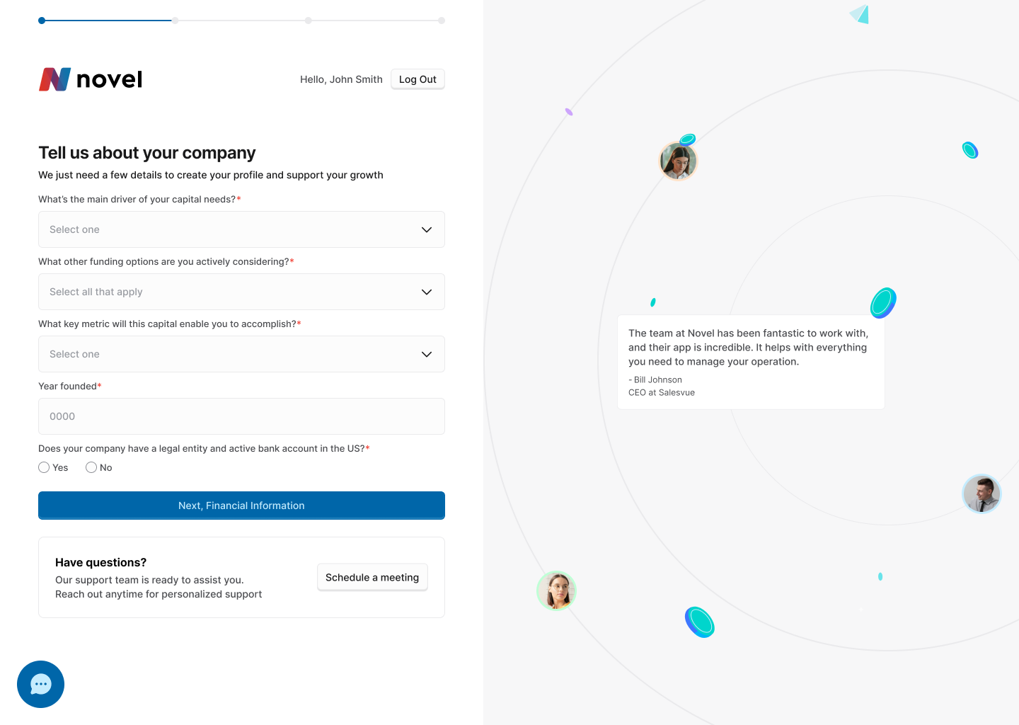 Novel Capital onboarding after redesign, a company profile step with simpler questions, visible support access, and a testimonial panel.