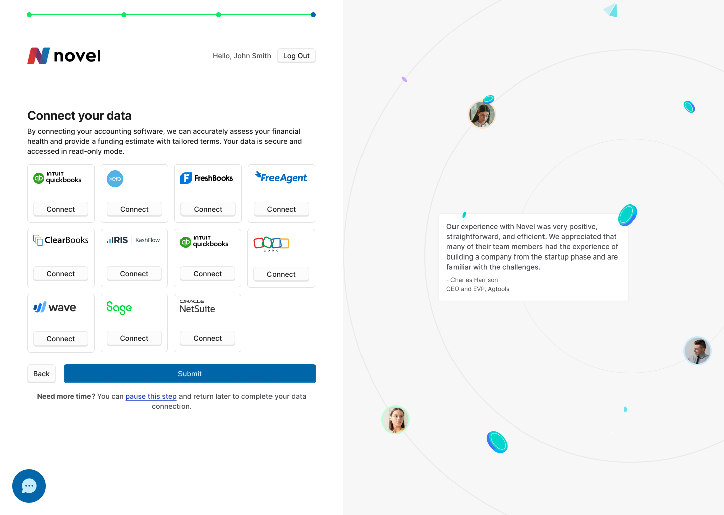 Novel Capital connect data step, accounting provider cards with a testimonial panel and the option to pause and return later.