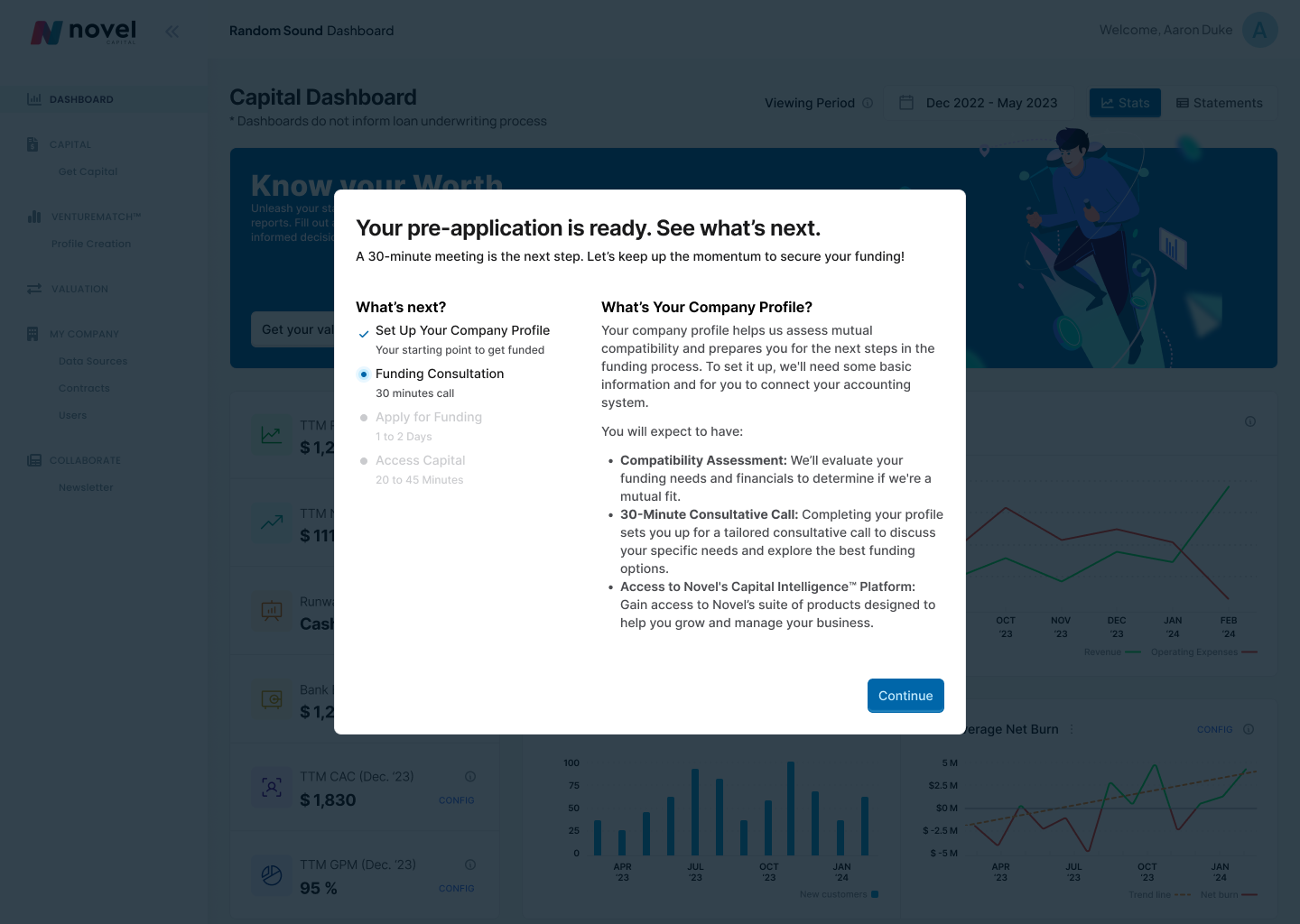 Novel Capital dashboard with a pre-application ready modal, outlining the funding consultation and company profile setup steps.