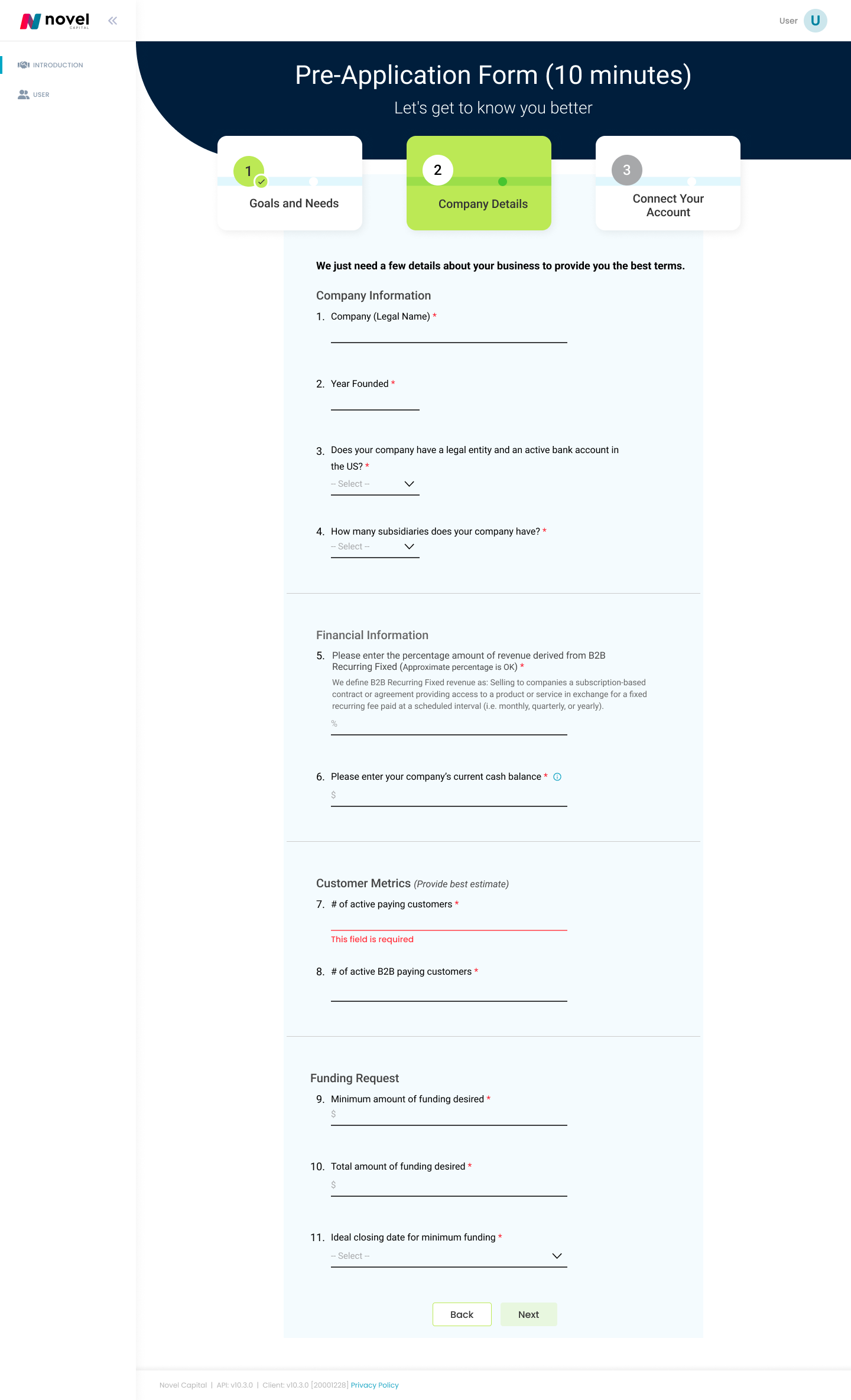 Novel Capital onboarding before redesign, a long pre-application form asking for company, financial, and funding details upfront.