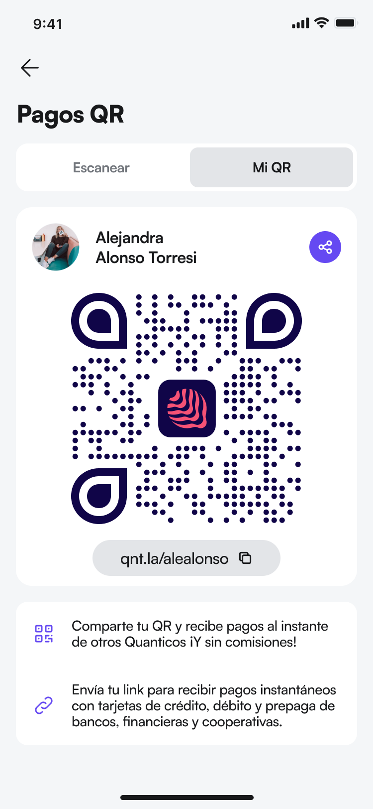 Quanto QR payment screen for scanning or generating a payment code