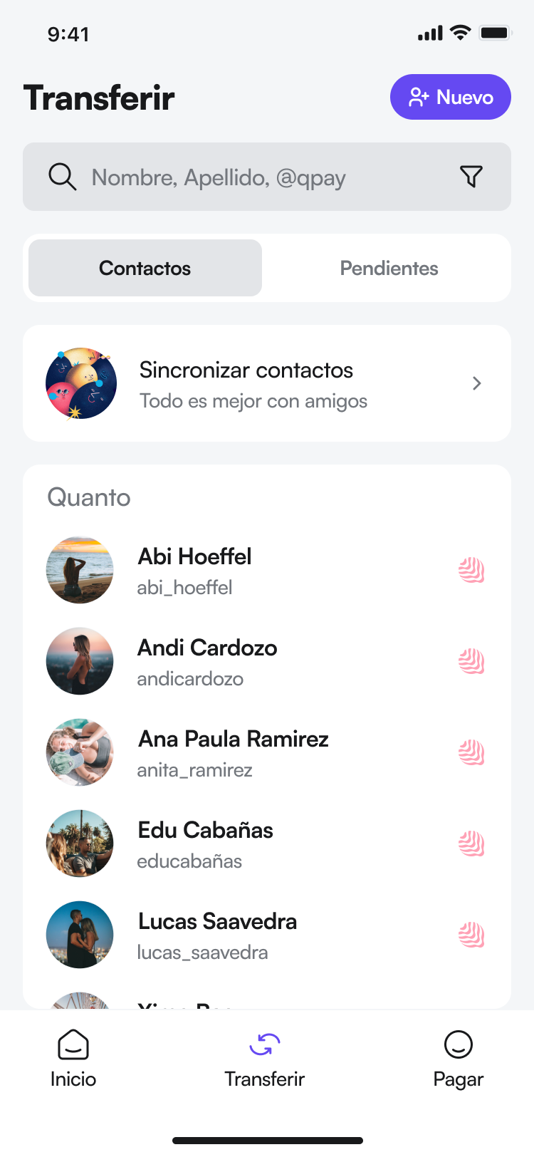 Quanto money transfer screen showing recipient selection and amount input