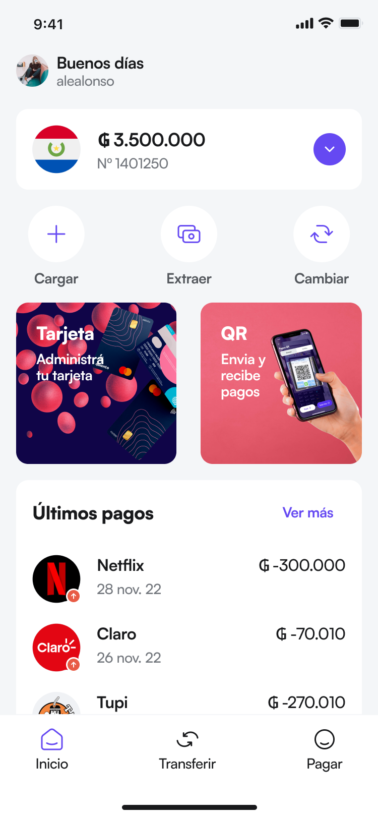 Quanto balance overview screen displaying account funds and recent activity